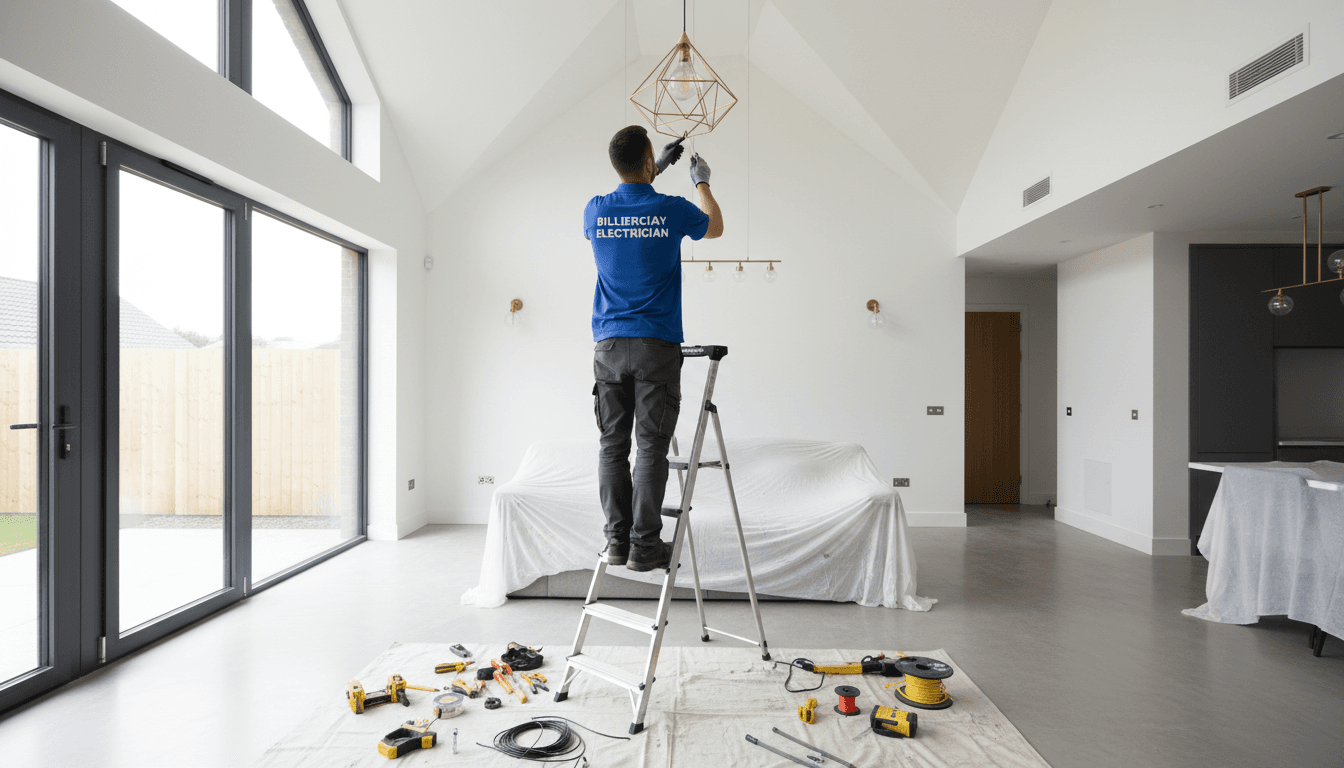 Electrician installing modern light fixtures in a well-lit living room