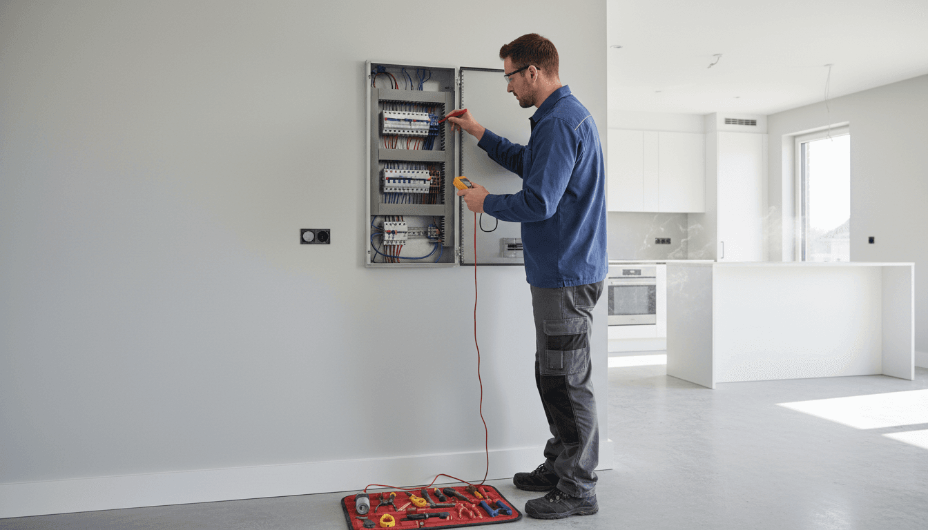 Electrician working on a consumer unit in a clean, well-lit house