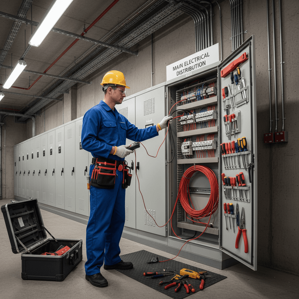 Electrician with tools working on a commercial electrical panel