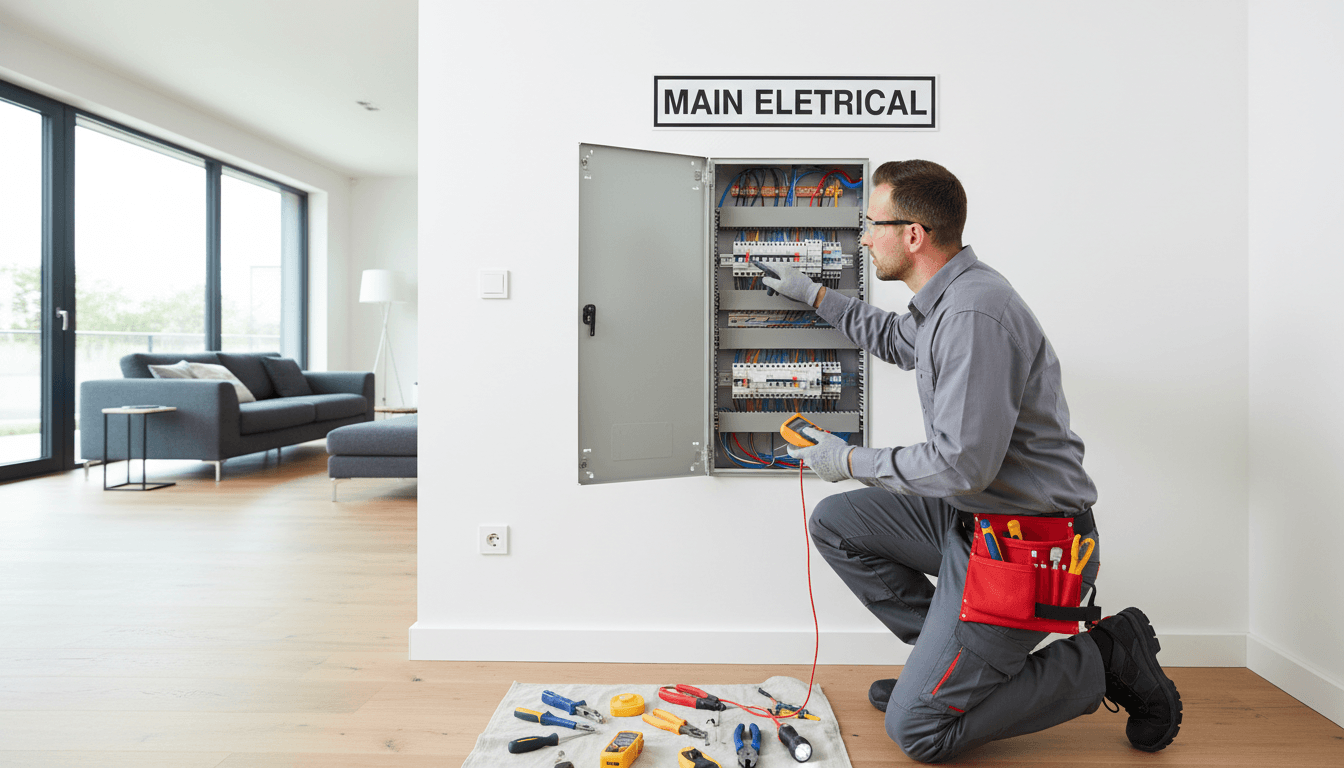 Electrician inspecting an electrical panel with tools in a modern home