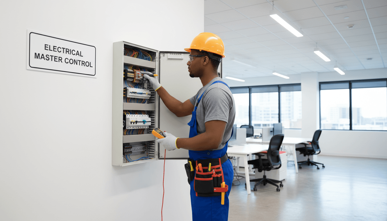 Commercial electrician working in an office electrical panel