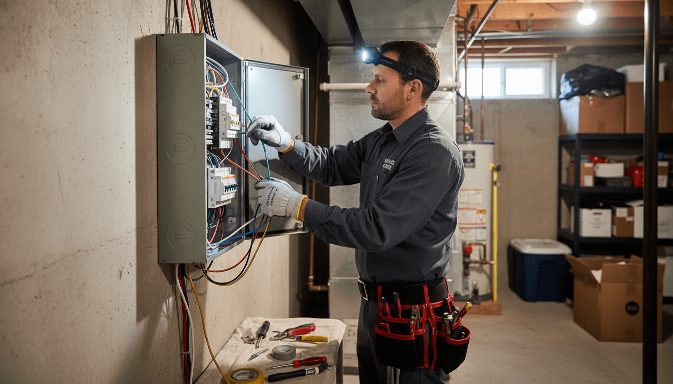 Electrician working on electrical panel with tools