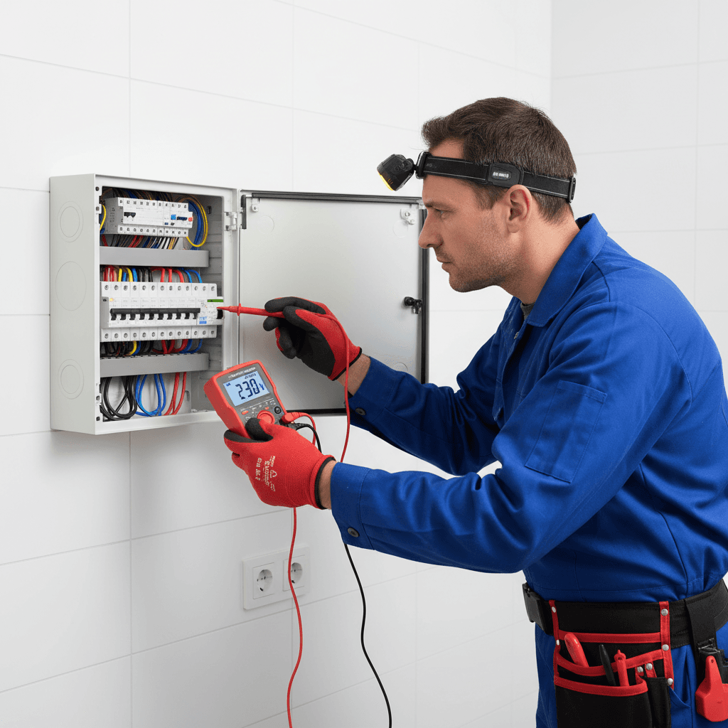 Electrician testing a consumer unit with multimeter tool