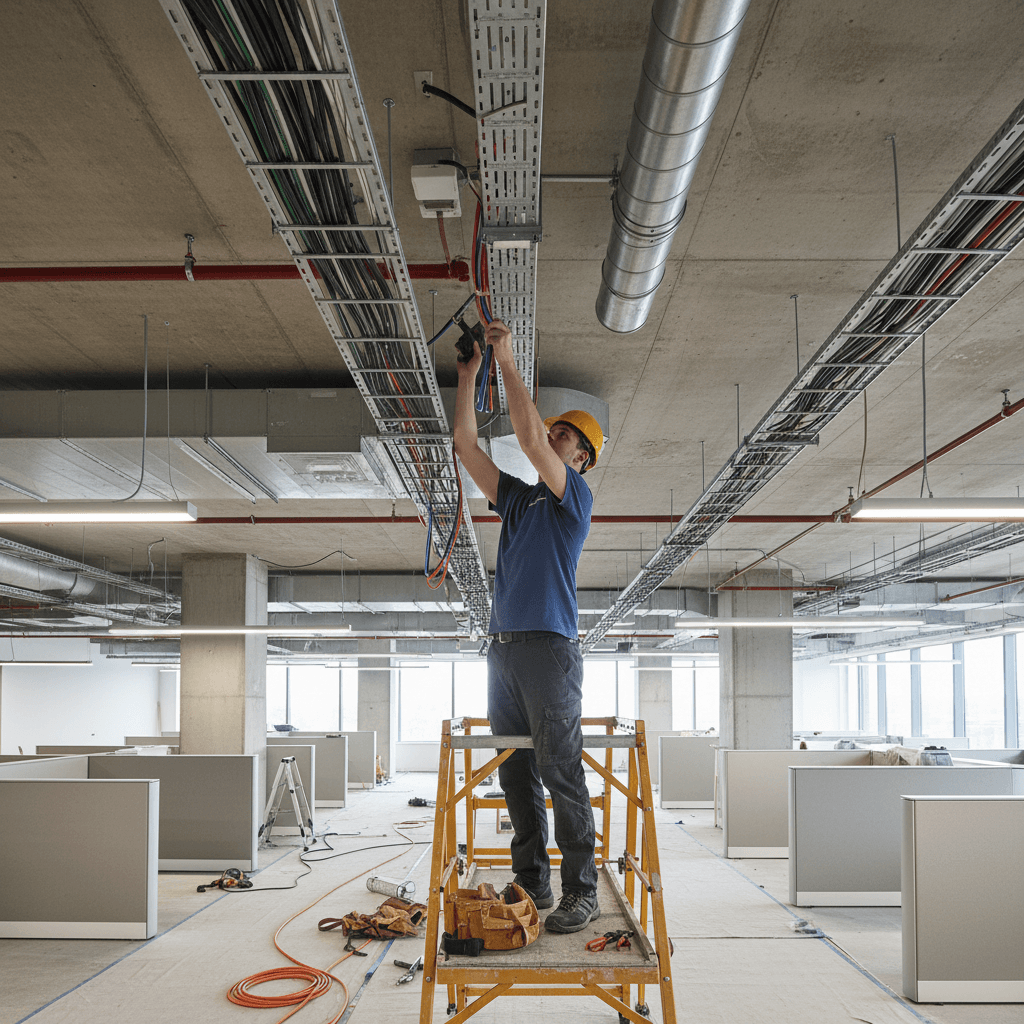 Electrician running cable in an office ceiling void