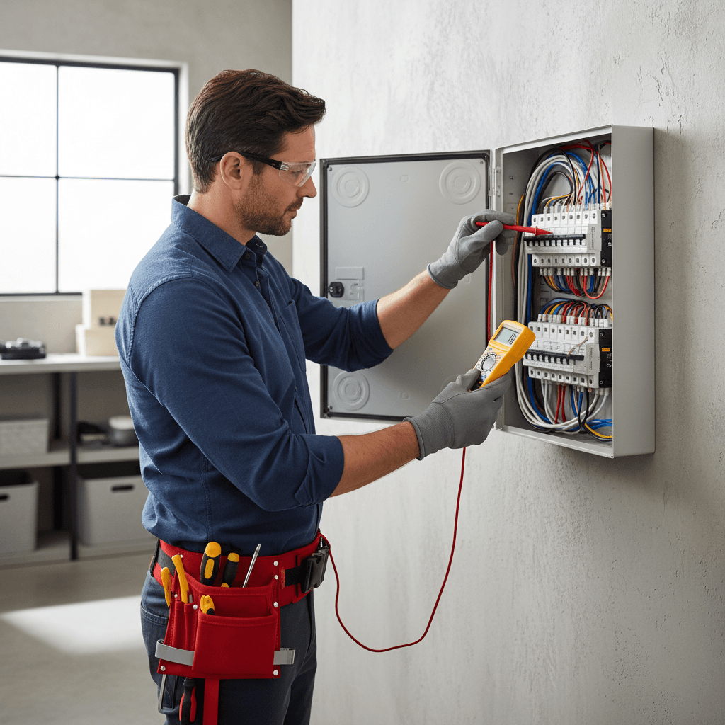 Electrician testing a circuit breaker at a consumer unit with a multimeter