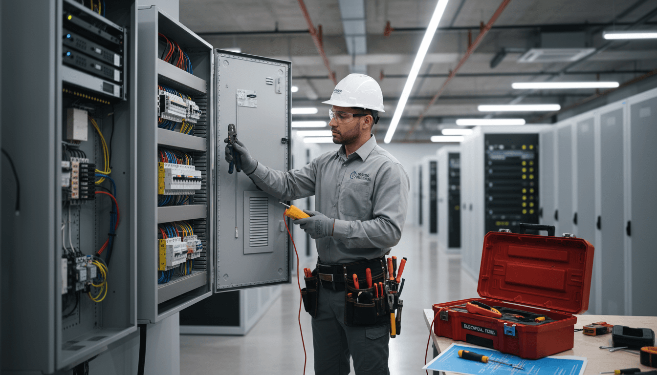 Commercial electrician working on an electrical panel in an office building