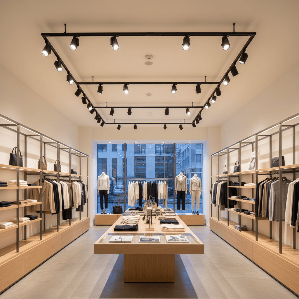 Bright retail shop interior with commercial track lighting