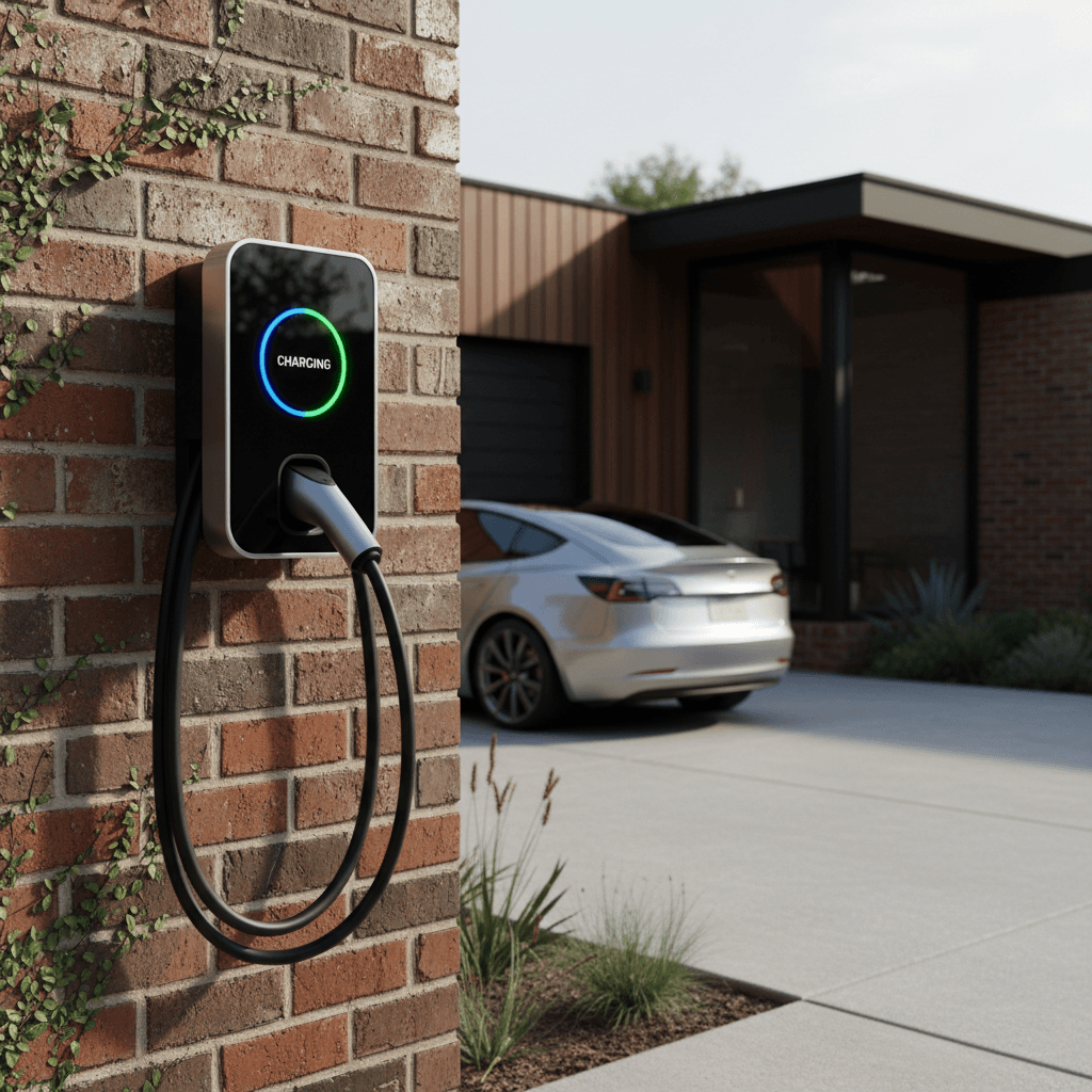 White EV charger unit installed on exterior house wall with cable attached