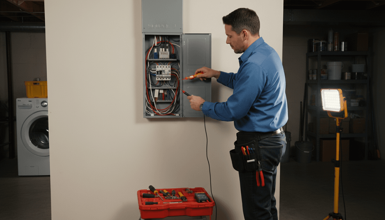 Electrician inspecting a consumer unit with tools in a modern home
