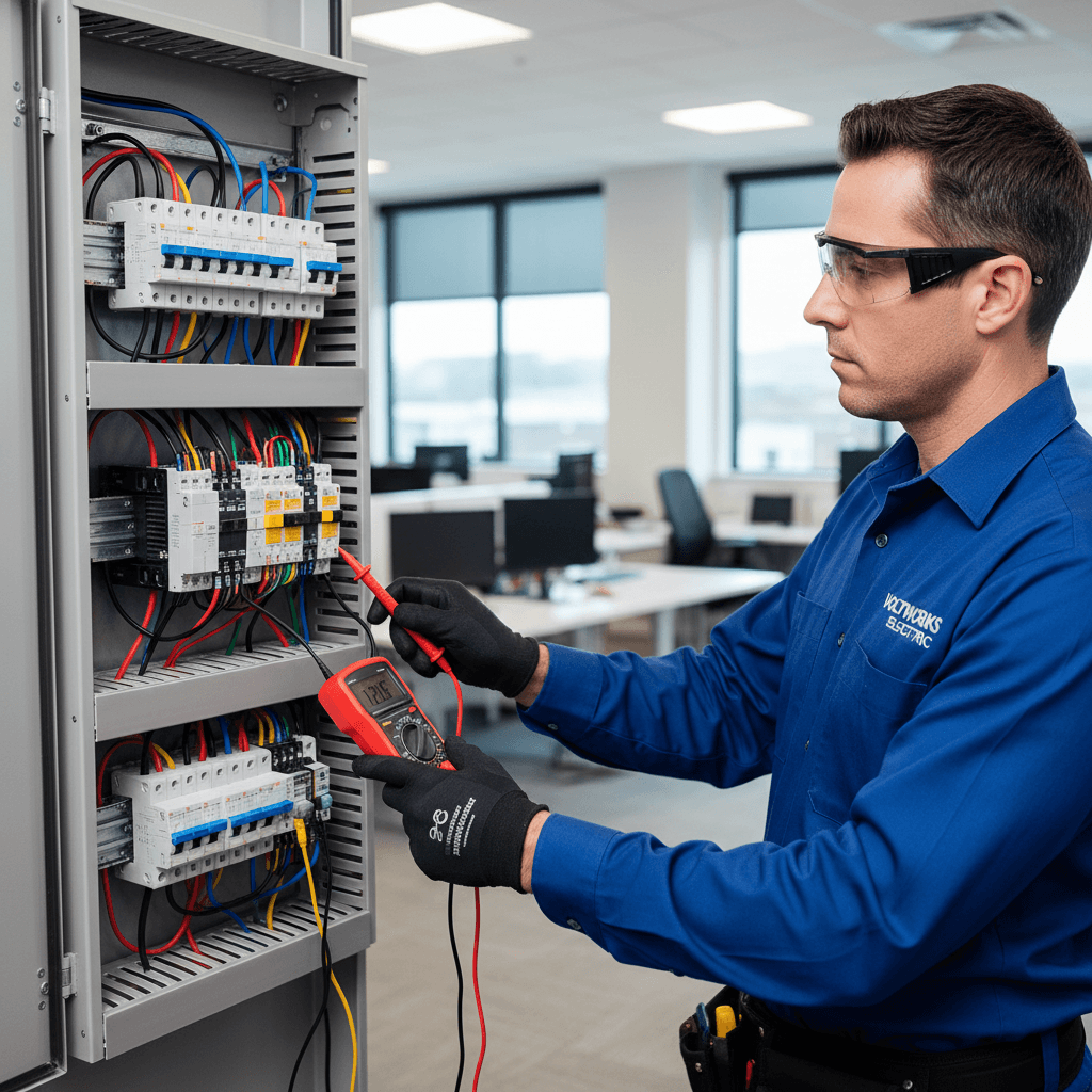 Electrician testing an electrical distribution board in a modern office