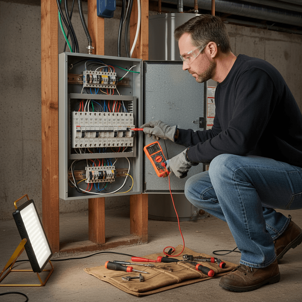 Electrician using multimeter to inspect a domestic consumer unit
