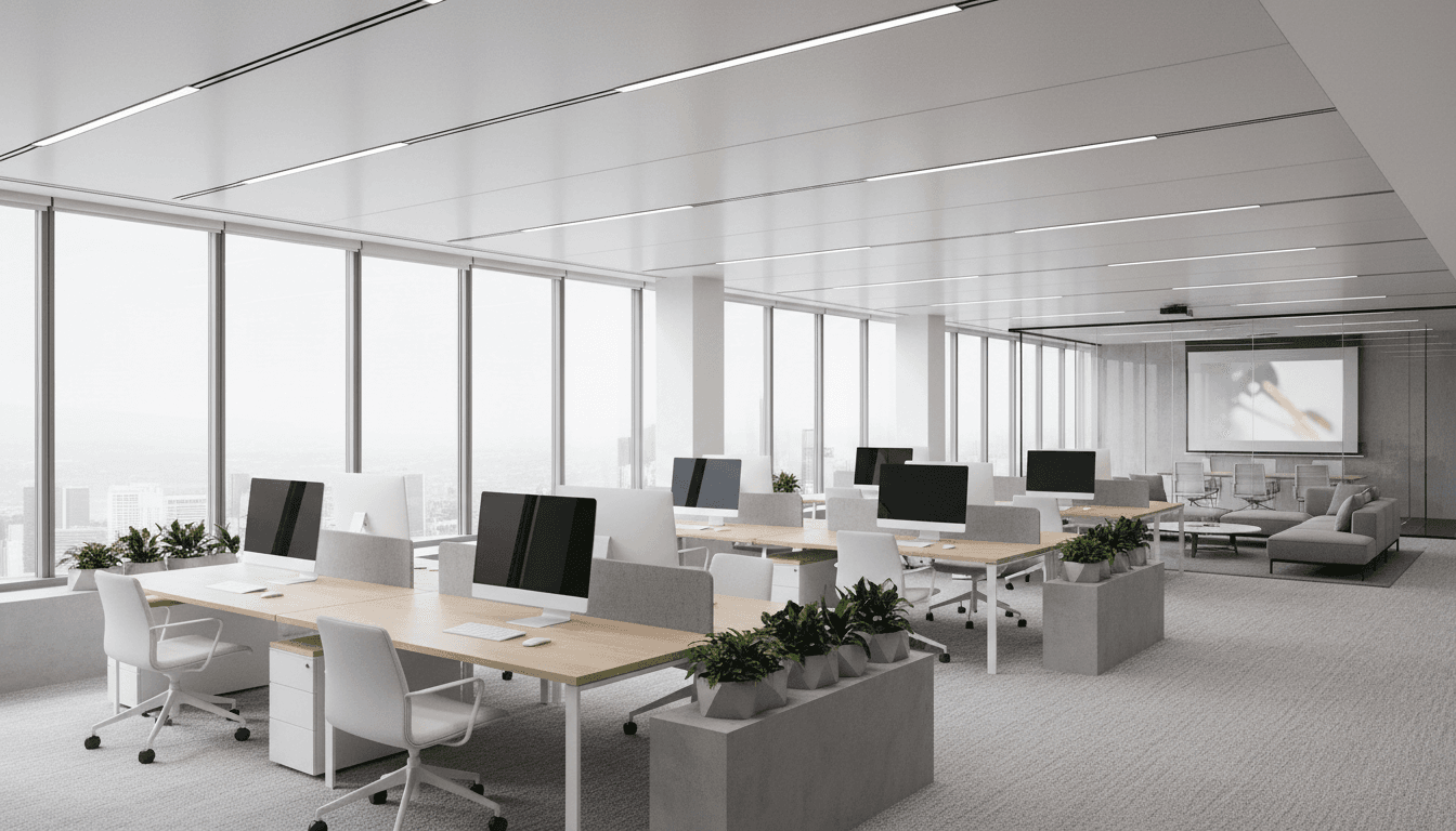 Bright modern office interior with ceiling lighting