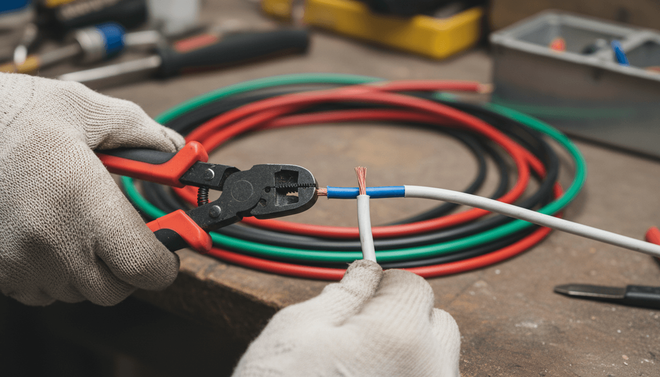 Hands of an electrician stripping wires during an electrical repair
