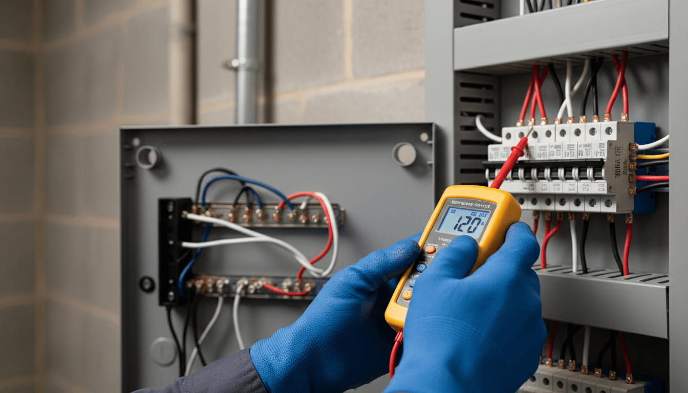 Electrician testing a consumer unit with a voltage probe in a home