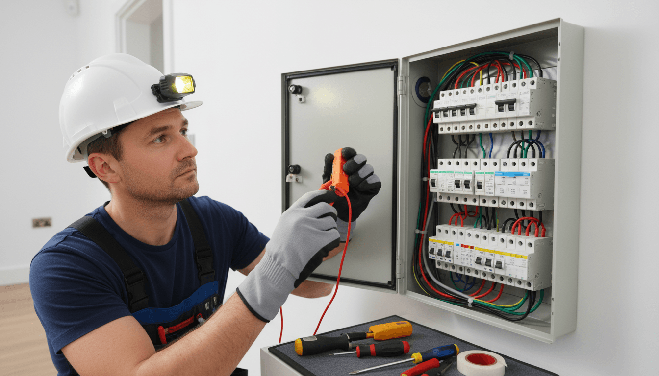 Electrician working on a consumer unit fuse box in a Billericay home