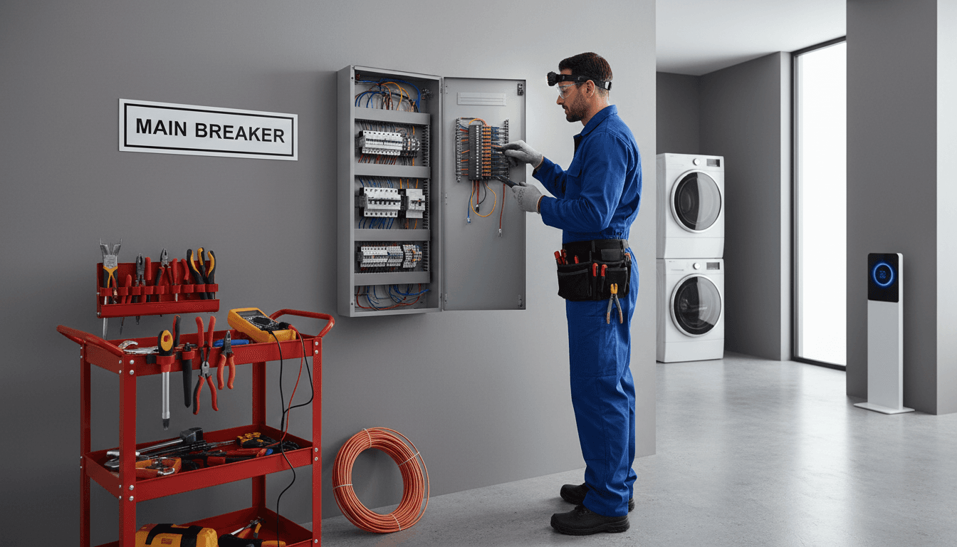 Electrician working on an electrical panel in a modern home